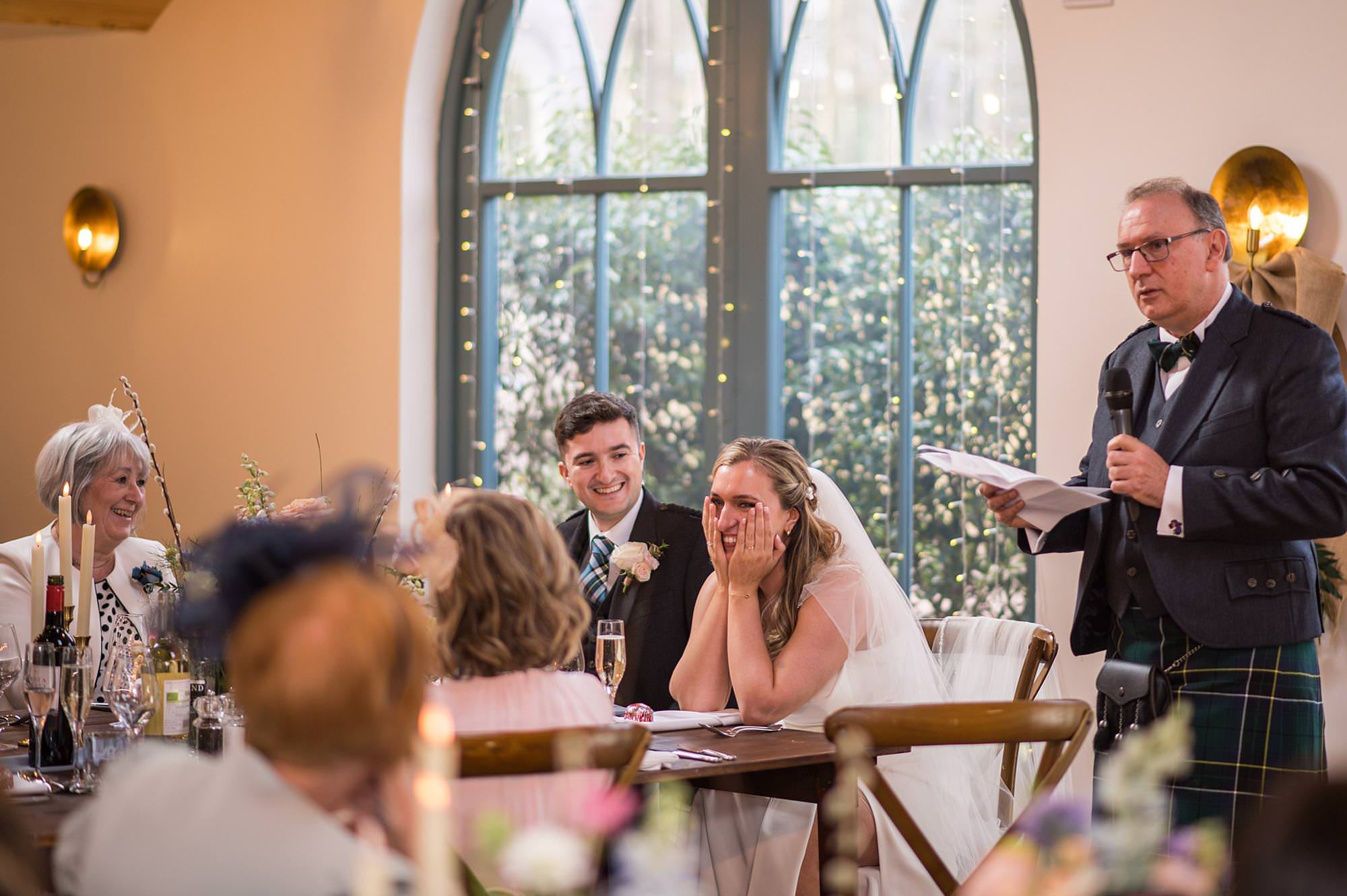 Father of the bride gives speech at daughters wedding at Broxmouth Courtyard